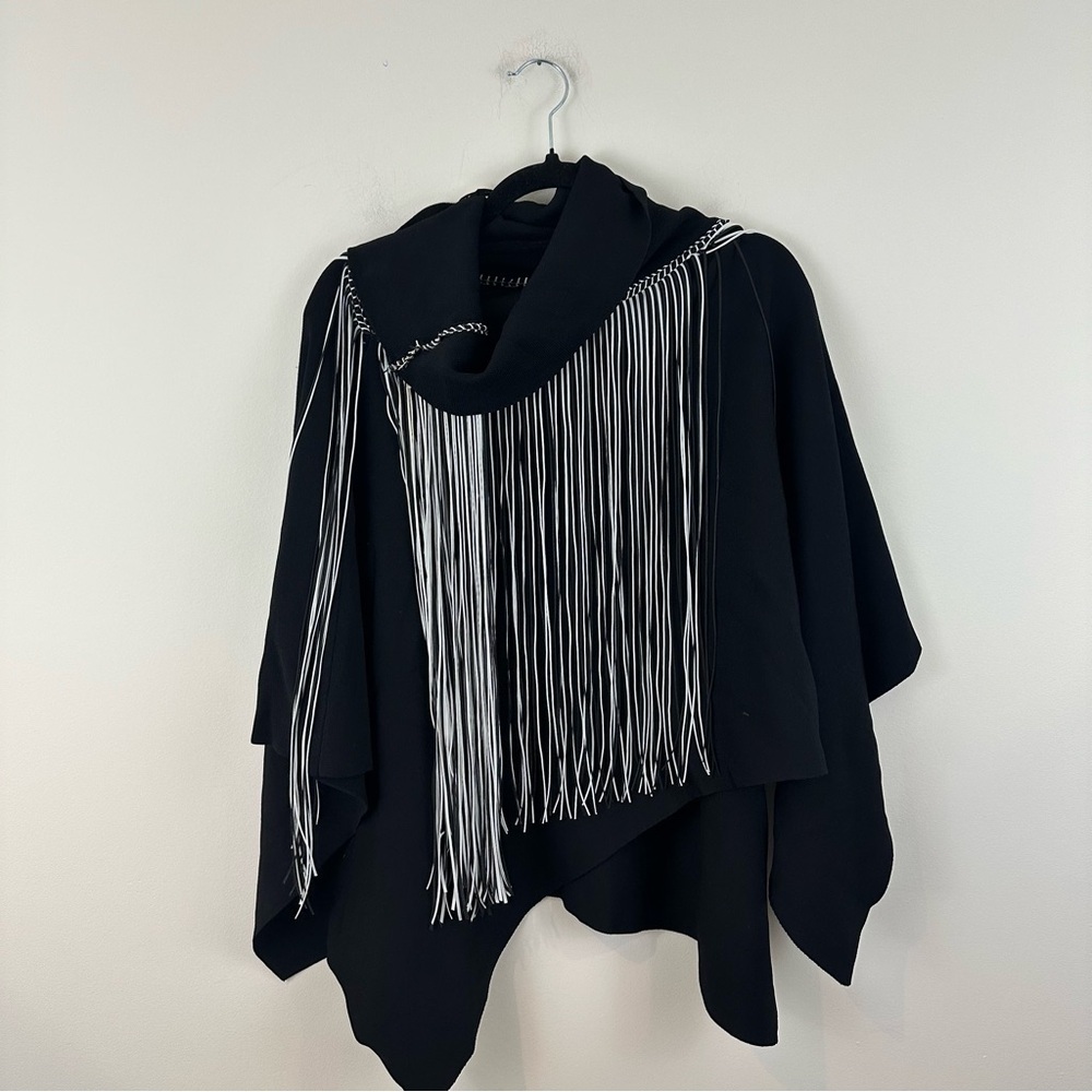 Zara Black Fringe Western Sweater Cowl Neck Poncho Size Large Women's